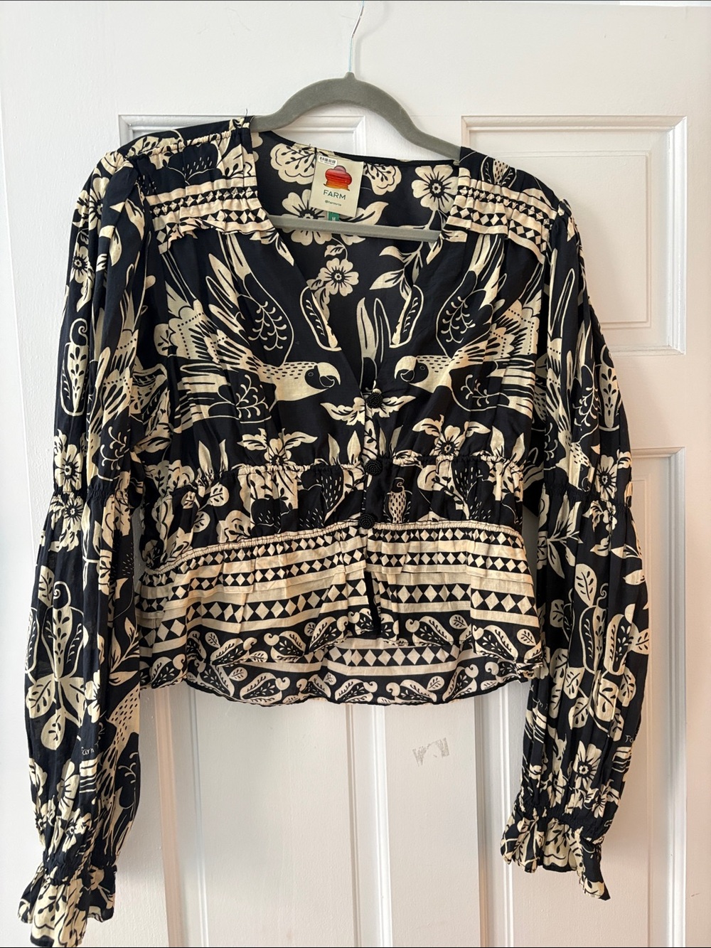 FARM Rio Black & Cream Bird and Floral Peasant Blouse - Picture 1 of 3